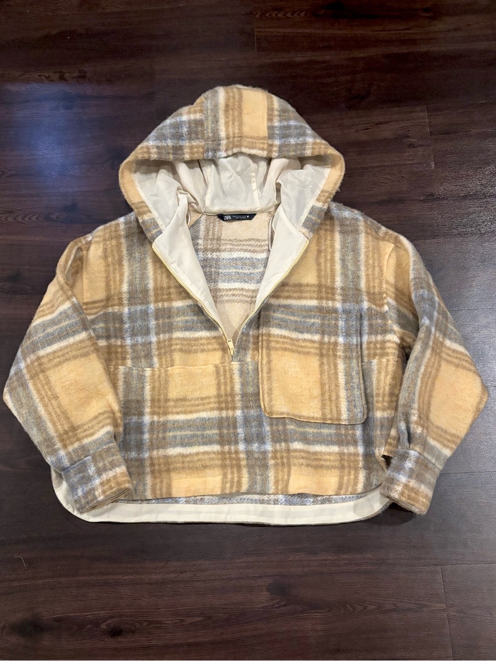 Zara Plaid Hooded Pullover Jacket in Cream and Tan/size:XL